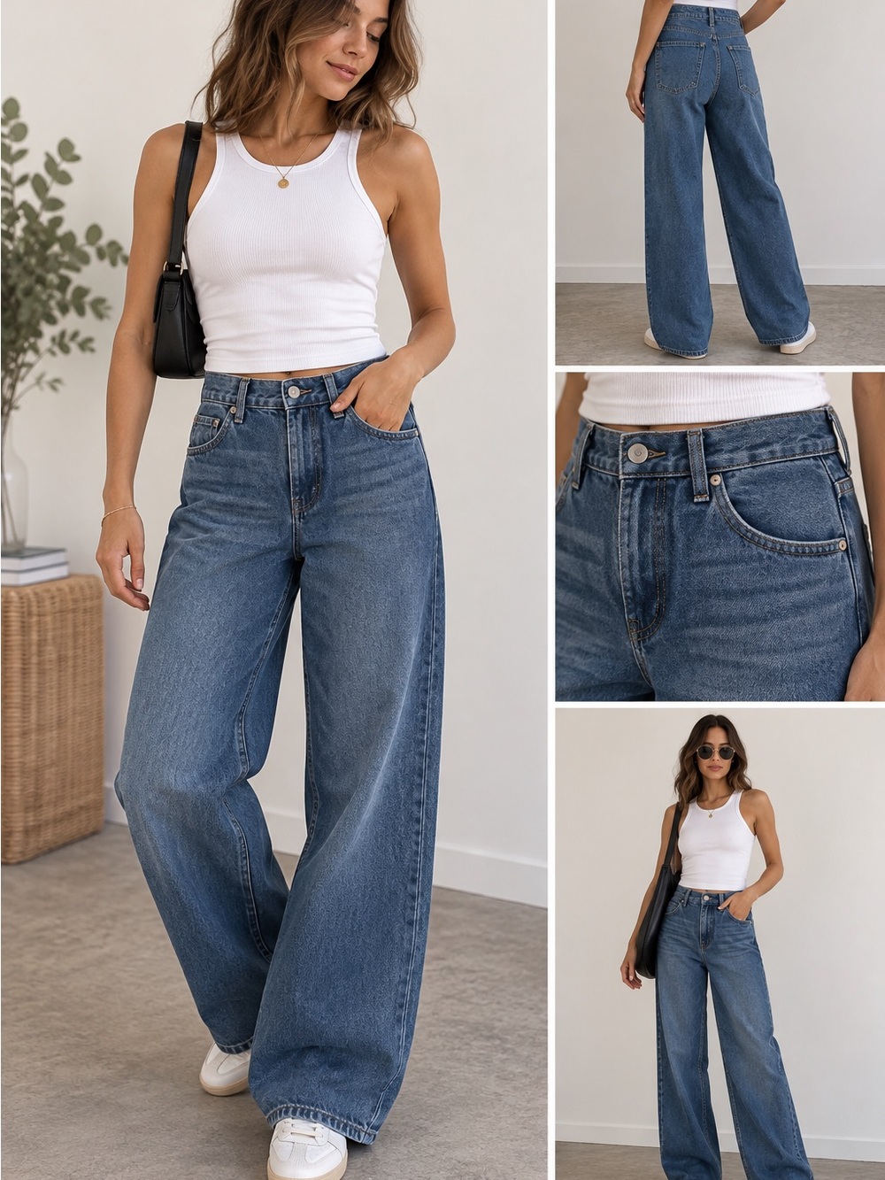 Uniqlo High Rise Wide Leg Jeans Relaxed Medium Wash Denim